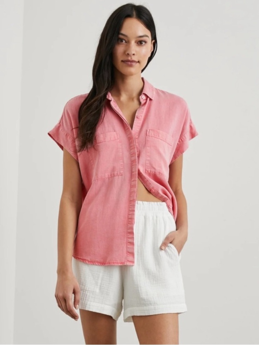 Rails Cito Pink Tencel Linen Acid Wash Denim Button Up Short Sleeve Shirt XS